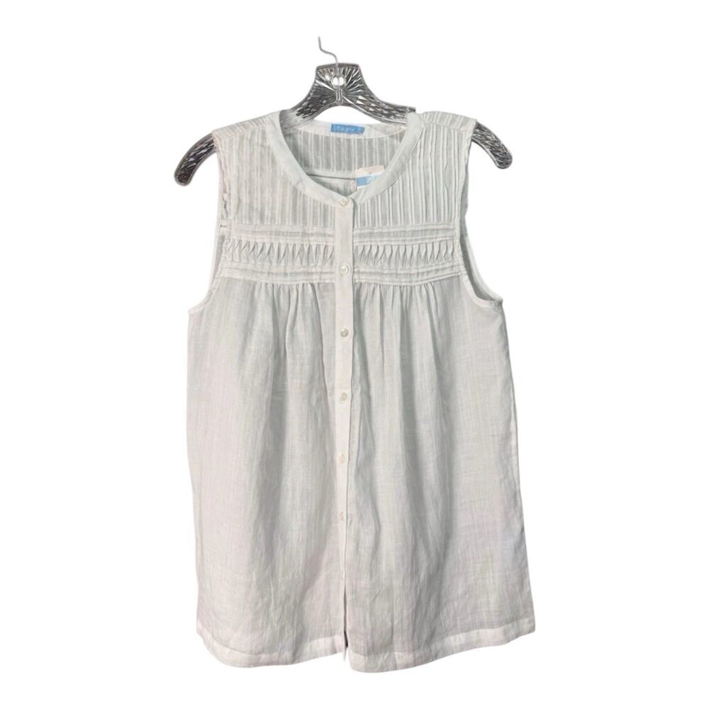 J McLaughlin Womens White Ramie Pintuck Sleeveless Blouse Button Front Top Small